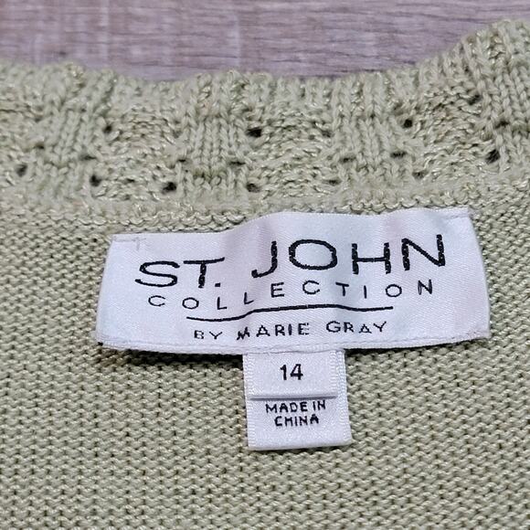 St John Wool Santana Knit Size 14 Green Brooch No Belt Cardigan Sweater Jacket - Picture 4 of 9